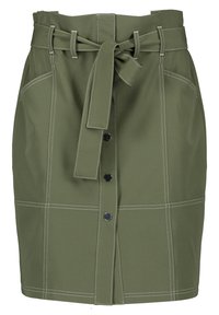 Olivegrüner Rock mit hoher Taille, ausgestattet mit einem Gürtel, Vorderknöpfen und weißen Nähdetails. Strukturierter Stoff mit Seitentaschen.
