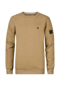 Sweat-shirt beige en mélange de coton doux, avec un col rond, des poignets côtelés et une étiquette latérale décorative sur la manche gauche.