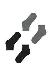 Vier paar enkelkousen in zwart en grijs, met een geribde elastische rand en discrete branding. Zachte textuur, eenvoudig ontwerp en rechte vorm.