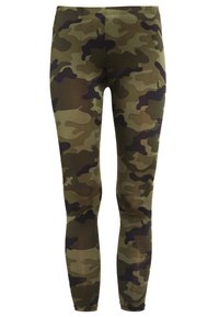 Camouflage leggings featuring a mix of green, brown, and black patterns. Made from stretch fabric with a smooth texture and fitted design.