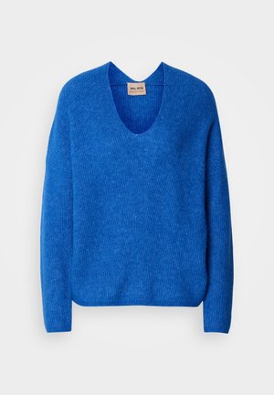 Blue wool sweater with a V-neck, relaxed fit, and long sleeves. Textured knit pattern throughout with ribbed edges.