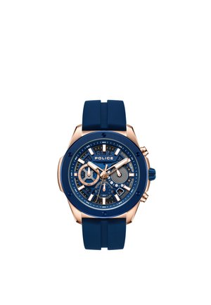 Reloj de pulsera Police azul y oro rosa con cronógrafo, múltiples esferas y correa de silicona azul.
