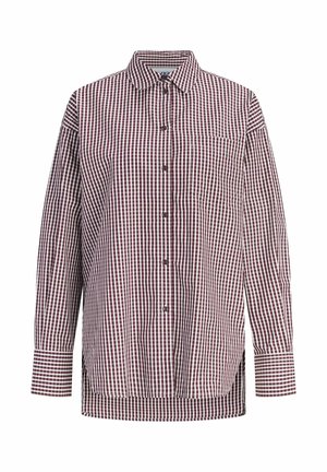 Chemise à manches longues à boutons avec motif à carreaux bordeaux et blanc, col pointu, poche poitrine unique et ourlet arrondi.