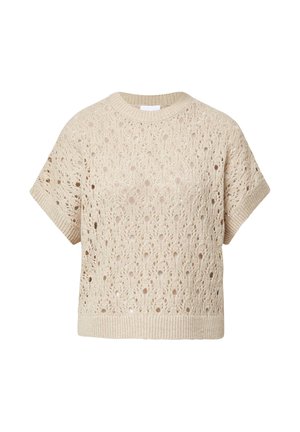 Maglione lavorato a maglia beige a maniche corte con un motivo simile a pizzo, scollatura rotonda e orlo e polsini a costine. Tessuto leggero e traspirante.