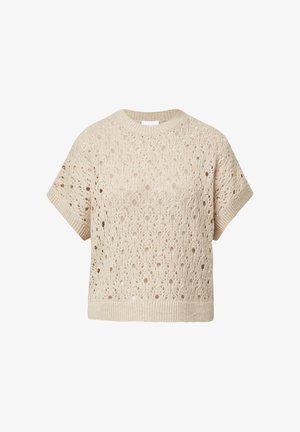 Beige gestrickter Kurzarmpullover mit einem spitzenartigen Muster, rundem Ausschnitt und geripptem Saum und Bündchen. Leichter und atmungsaktiver Stoff.