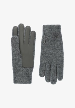 Graue Handschuhe aus Wollmischung mit strukturiertem Strickdesign, Lederakzenten auf den Handflächen und gerippten Bündchen. Mit Knopfdetail.