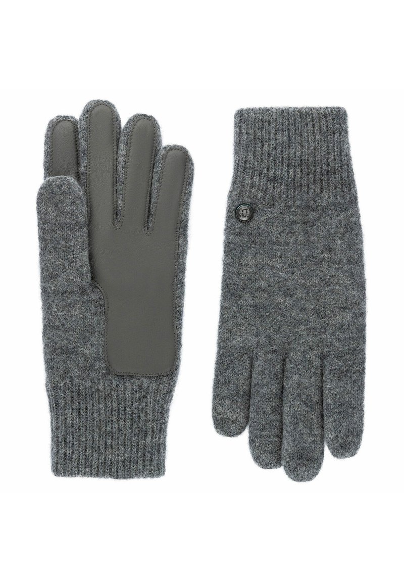 Gray wool blend gloves featuring a textured knit design, leather accents on the palms, and ribbed cuffs. A button detail is included.