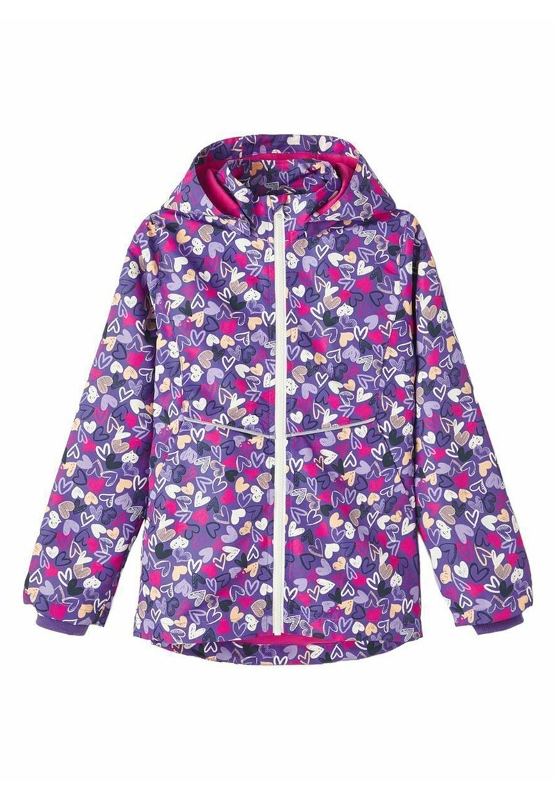 Lila Regenjacke mit Kapuze, mit einem bunten Herzmuster, Frontreißverschluss und elastischen Bündchen. Hergestellt aus leichtem, wasserabweisendem Material.