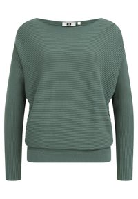 Grön ribbad stickad tröja med en bred båtkrage och långa ärmar. Har en avslappnad passform och texturerad tygnivå genom hela plagget.