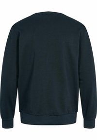 Mörkblå sweatshirt med rund halsringning, långa ärmar, ribbad mudd och nederkant, samt en slät tygtextur på baksidan.