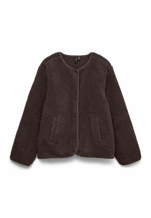 Veste en polaire marron foncé à manches longues, col rond, fermeture par boutons-pression, et deux poches passepoilées à l'avant, étalée à plat sur fond blanc.