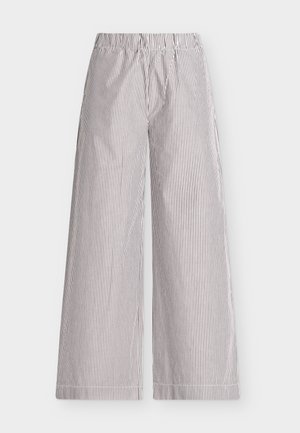 Wide-leg pants with vertical thin black and white stripes, elastic waistband, and side pockets on a light gray background.