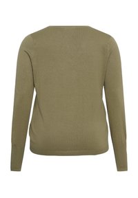 Pull en maille vert olive à manches longues avec col rond, présenté de dos sur fond blanc.