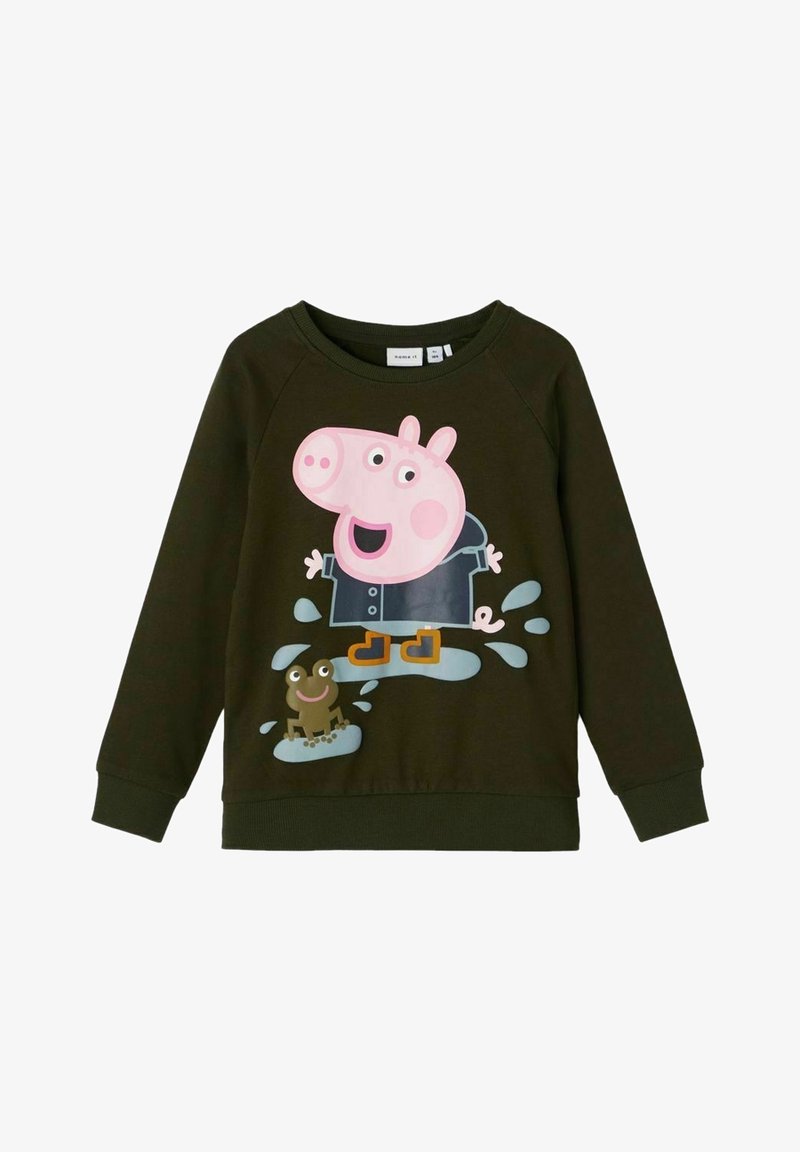 Sweatshirt vert foncé avec un cochon cartoon portant un imperméable et des bottes éclaboussant dans des flaques d'eau à côté d'une grenouille souriante.