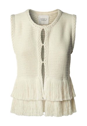 Chaleco de punto sin mangas color crema con cierres de botones en la parte superior y dobladillo con flecos en capas, etiquetado West 11 Pepe Jeans London.
