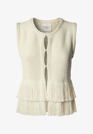Gilet en tricot sans manches crème avec fermetures à bouton en trou de serrure et ourlet à franges en couches, étiqueté West 11 Pepe Jeans London.