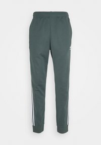 Pantaloni sportivi verdi realizzati in materiale morbido, con strisce laterali bianche e una cintura elastica. Caviglie con polsini aderenti.