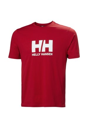 Camiseta roja de manga corta con logotipo blanco "HH" y texto "Helly Hansen" centrados en el pecho sobre un fondo liso.