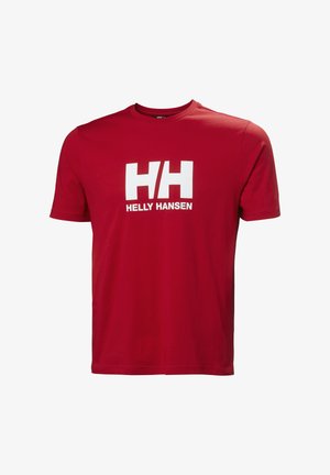 Camiseta roja de manga corta con logotipo blanco "HH" y texto "Helly Hansen" centrados en el pecho sobre un fondo liso.