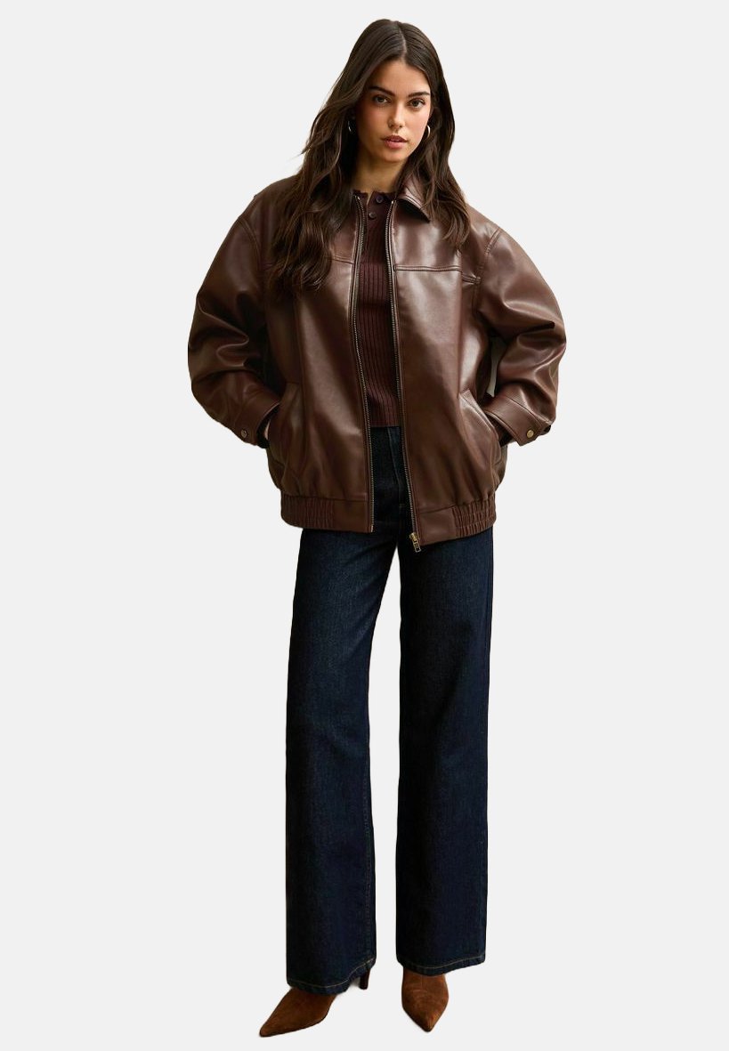New Look OVERSIZED BOMBER - Faux leather jacket - dark brown - Zalando