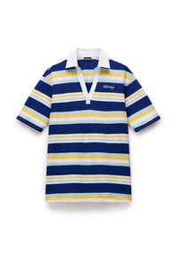 Polo à manches courtes rayé en bleu marine, blanc et bleu clair. Il dispose d'un col blanc et d'un logo brodé sur la poitrine.