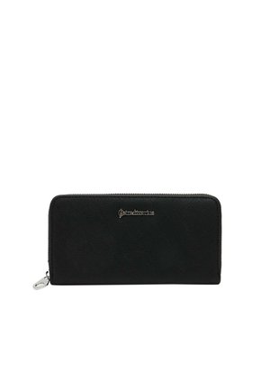 Portefeuille zippé noir fabriqué en matériau synthétique texturé, avec une finition lisse, des accessoires en métal argenté et un logo de la marque à l'avant.