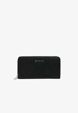 Black zip-around wallet made of textured synthetic material, featuring a smooth finish, silver-tone hardware, and a brand logo on the front.
