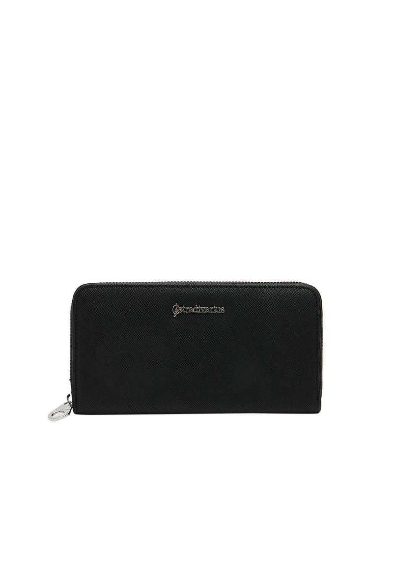 Portafoglio nero con zip in materiale sintetico testurizzato, caratterizzato da una finitura liscia, hardware color argento e un logo del marchio sulla parte anteriore.
