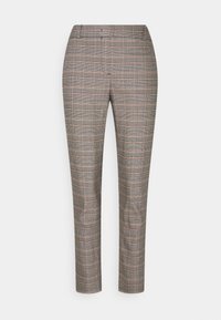 Pantalones con un patrón de cuadros en gris y marrón, con un corte ajustado, parte delantera plana y bolsillos laterales. Tejido suave con una textura sutil.