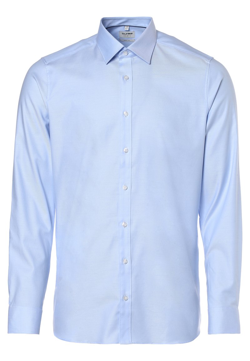 Chemise à manches longues bleu clair avec un devant boutonné, un col classique et une texture lisse. Présente des accents de boutons le long de la patte de boutonnage.