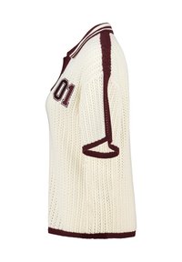 Cream-colored knit polo shirt with maroon accents, featuring a ribbed collar and arm cuffs, and the number “01” embroidered on the chest.