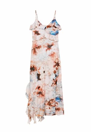 Õhukesest kangast lillemustriga kleit, millel on pehmed volangid, spagettrihmad ja voolav siluett peente roosa ja sinise toonidega.