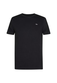 T-shirt in cotone nero con scollatura rotonda, maniche corte e un piccolo logo bianco sul petto. Tessuto liscio, vestibilità classica.