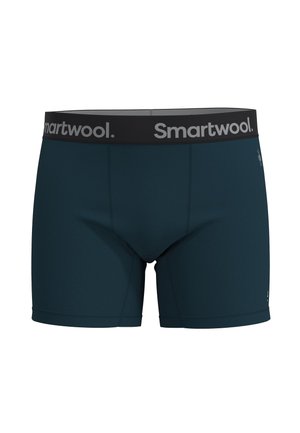 Herren Boxershorts in dunkelblaugrün mit einem schwarzen Bund, auf dem "Smartwool" in Silber steht. Sie haben eine glatte Textur und eine enganliegende Passform.