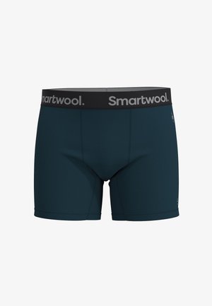 Boxer briefs da uomo in verde scuro con una vita nera su cui è scritto "Smartwool" in argento. Hanno una texture liscia e un design aderente.