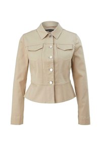 Beige denim jacket with a fitted bodice, long sleeves, pointed collar, silver button closures, and two front chest pockets with flaps.