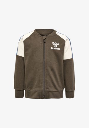 Green zip-up jacket with white and blue shoulder accents, ribbed cuffs and hem, featuring a logo on the left chest. Soft material.