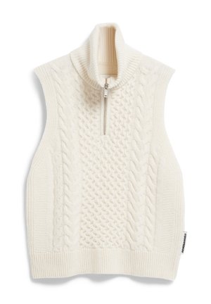 Ärmelloser, cremefarbener Kabelstrickpullover mit hohem Kragen und halbem Reißverschluss. Strukturiertes Design mit geripptem Saum und Seitenpaneelen.