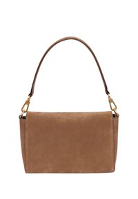 Brown suede handbag with a structured design, top handle, and gold-tone hardware accents. Smooth texture, rectangular shape, minimalist style.