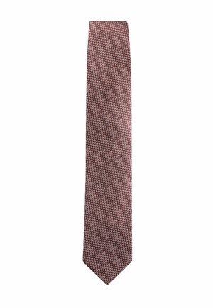 Rote Krawatte mit einem geometrischen Muster aus ineinander verwobenen weißen Formen. Hergestellt aus glattem Stoff mit einer spitzen Spitze, geeignet für formelle Anlässe.