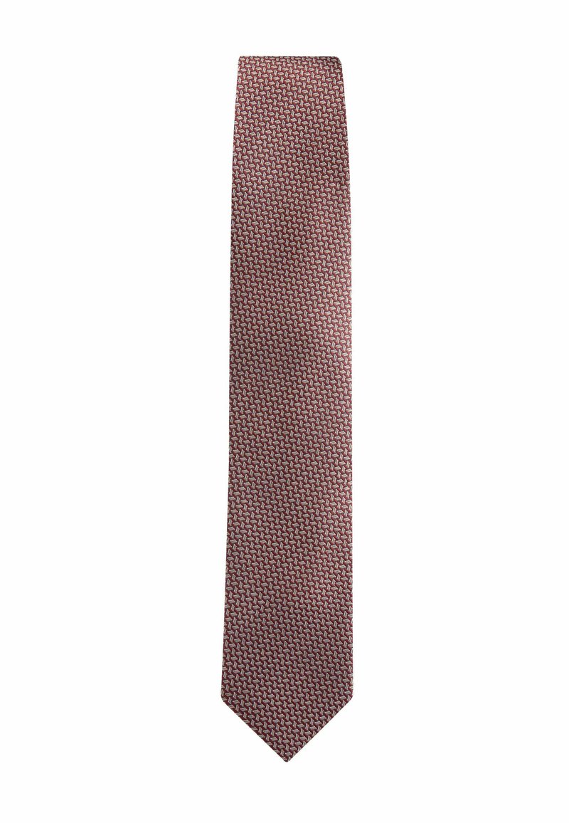 Red tie with a geometric pattern of interwoven white shapes. Made from smooth fabric with a pointed tip, suitable for formal occasions.