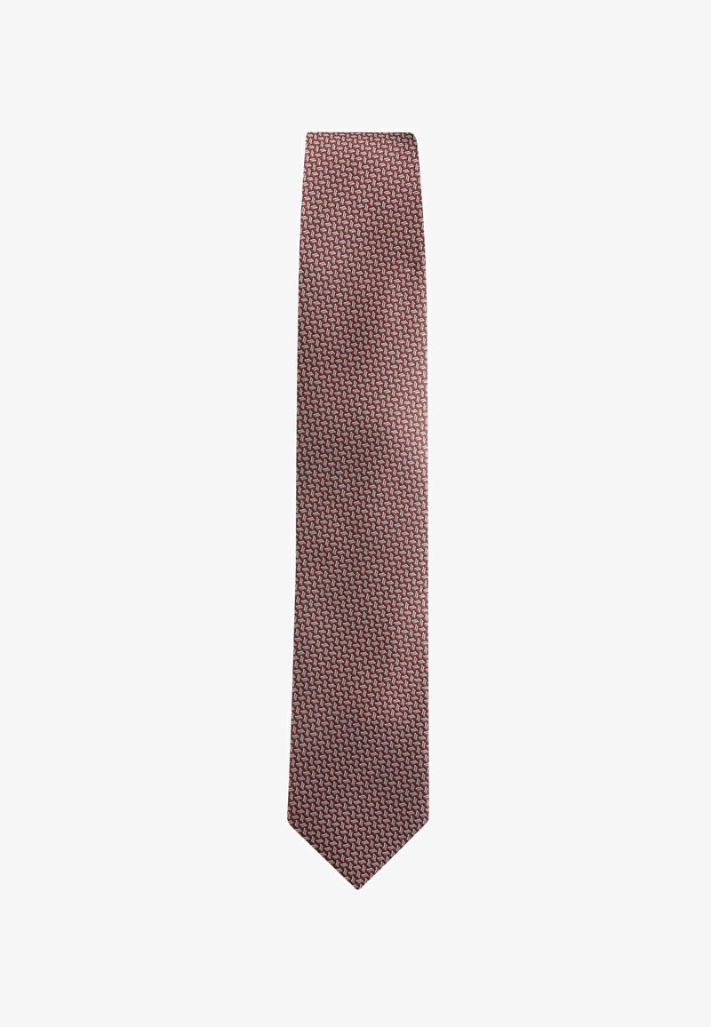 Cravate rouge avec un motif géométrique de formes blanches entrelacées. Fabriquée en tissu lisse avec une pointe effilée, adaptée aux occasions formelles.