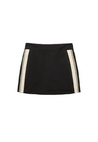 Sort nederdel med elastisk talje, prydet med cremefarvede lodrette striber på begge sider, lavet af et glat, let materiale.