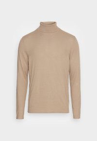 Pull col roulé beige en tissu doux, avec manches longues et coupe ajustée. Texture lisse avec des détails de coutures fines.