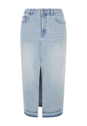 Jupe en denim bleu clair avec une fente frontale, coupe droite, ourlet cousu et cinq poches. Dotée de boutons argentés et de passants de ceinture.
