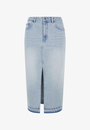 Heledsinine denim seelik, millel on eeslige, sirge lõige, õmmeldud äär ja viis taskut. Sisaldab hõbedasi nuppe ja vööloopse.