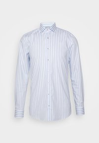 Niebiesko-biała koszula w paski z długim rękawem i kołnierzykiem na guziki, z srebrnymi guzikami i kontrastowymi mankietami w paski. Materiał bawełniany.
