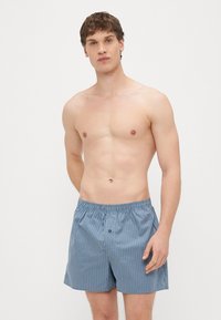 Modre in bele kariraste boksarice z elastičnim pasom in enim gumbom. Tkanina je videti lahka in zračna.