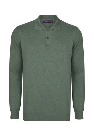 Grüner Strickpullover mit Kragen, einem Knopfverschluss mit drei Knöpfen und langen Ärmeln. Gerippte Manschetten und Saum, strukturierter Stoff.