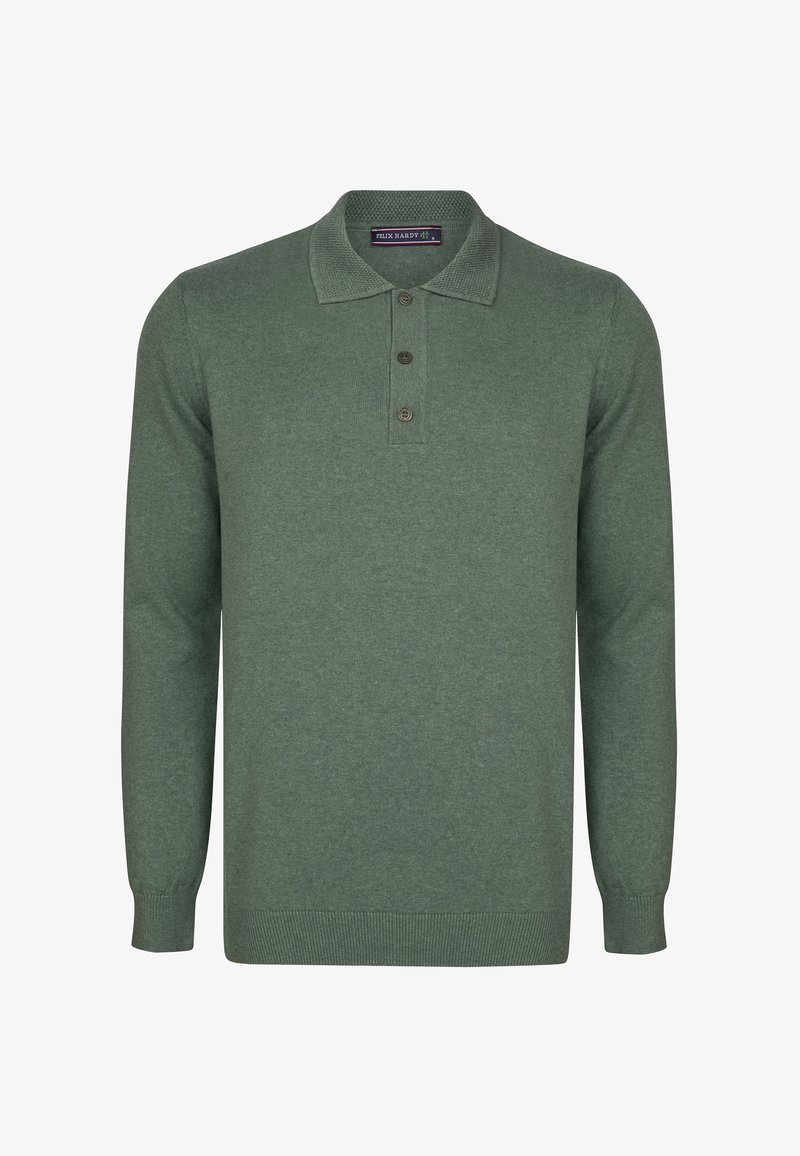 Pullover verde lavorato a maglia con colletto, apertura a tre bottoni e maniche lunghe. Polsini e orlo a costine, tessuto testurizzato.